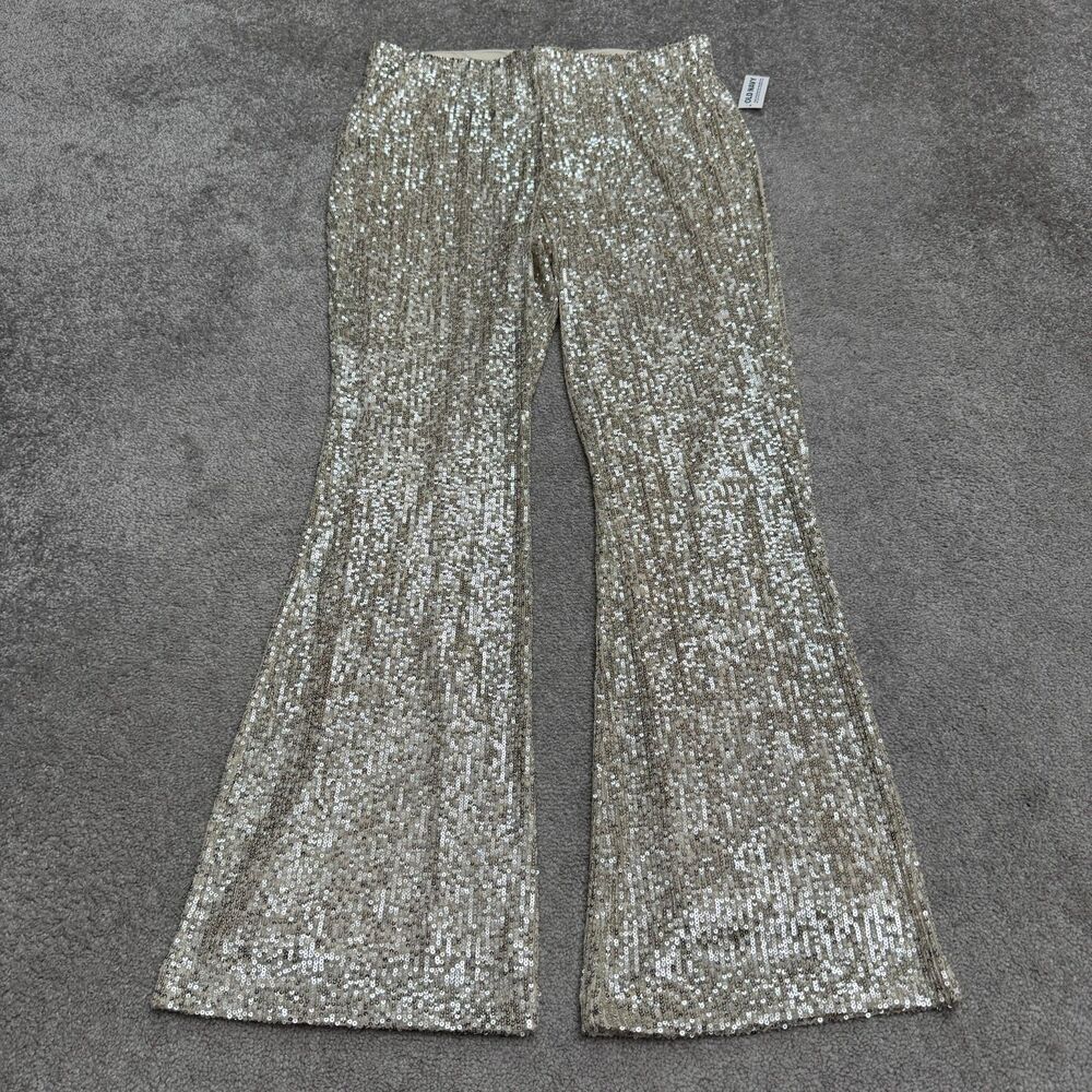 Old Navy High Rise Flare Sequin Pants Womens Large Silver Champagne Stretch NWT